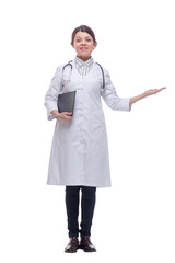 Happy smiling female doctor holding clipboard