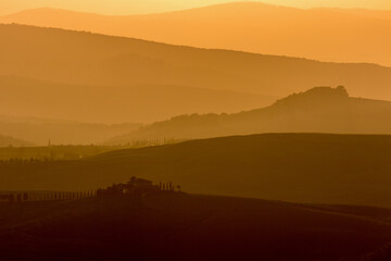 Rolling landscape view at sunset
