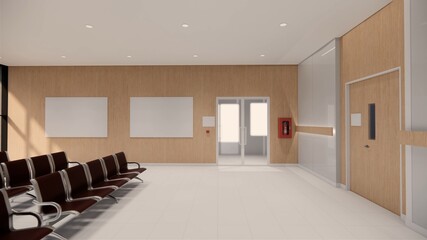 3d rendering animation. Interior hospital modern design . Counter and Waiting area  Empty Reception Medical practice concept.4k