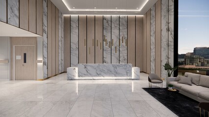 Fototapeta premium 3d rendering animation. Interior hospital modern design . Counter and Waiting area Empty Reception Medical practice concept.4k