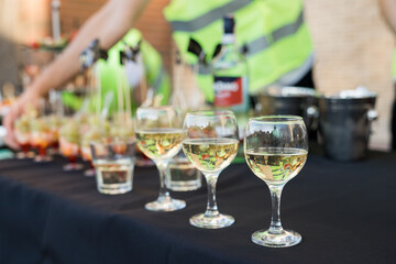 Side view of glasses of champagne on the table with shallow depth of field