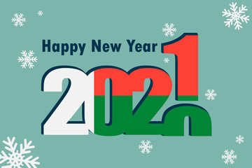Fototapeta na wymiar New Year's card 2021. Pictured: element of the flag of Madagascar festive inscription and snowflakes. it can be used as a promotional poster, postcard, flyer, invitation, or website.