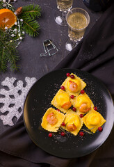 Italian ravioli with seafood on a plate