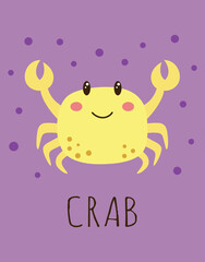 cartoon card with cute crab, vector illustration