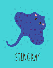 cartoon card with cute stingray, vector illustration