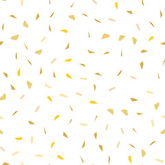 Golden falling confetti. Invitation card on yellow backdrop. Seamless pattern. Party invitation. Festive banner template.