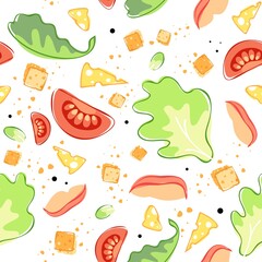 pattern of caesar salad ingredients, scattered vegetables on white background