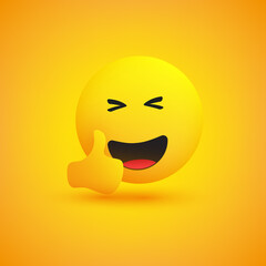 Laughing Emoji Showing Thumbs Up - Simple Happy Emoticon on Yellow Background - Vector Design