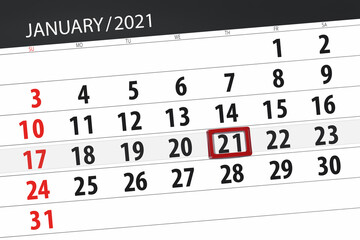 Fototapeta premium Calendar planner for the month january 2021, deadline day, 21, thursday