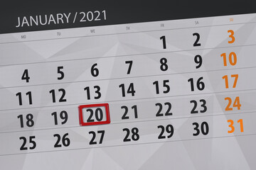 Fototapeta premium Calendar planner for the month january 2021, deadline day, 20, wednesday