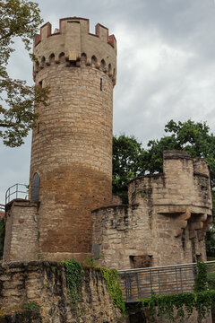 Looking up at the Pulverturm a part of the city wall of Jena