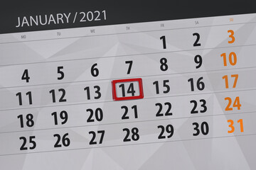 Obraz premium Calendar planner for the month january 2021, deadline day, 14, thursday