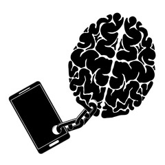 An image of the brain chained to the phone. A person dependence on a gadget or cell phone.