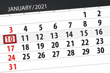 Calendar planner for the month january 2021, deadline day, 10, sunday