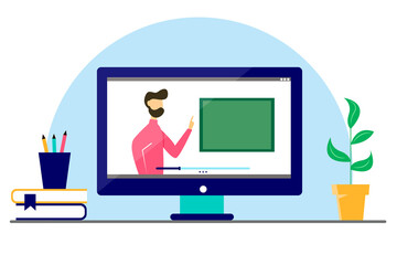 Online learning concept. The teacher conducts the lesson online. Flat style illustration.