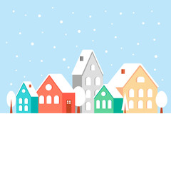 Merry Christmas illustration. Nice houses with snowfall. Flat style illustration.