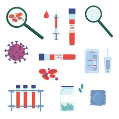 set of HIV virus icons, passing AIDS tests, test tubes with blood, syringe, hemoglobin, immunodeficiency virus, magnifier, self-test, pills, contraceptives. vector. flat. isolated medical instruments