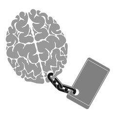 An image of the brain chained to the phone. A person dependence on a gadget or cell phone.