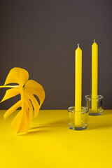 Yellow leaf of a home flower Monstera close-up illuminated and candles in candlesticks on a trendy gray-yellow background, trendy colors of the year