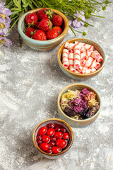half-top view fresh red strawberries with flowers on white background berry fruit red candy