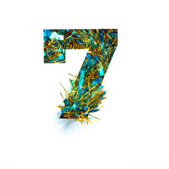 Celebration typeface, shiny number seven of glittering tinsel, paper cut in shape of seventh numeral isolated on white