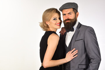 Stylish couple. Old fashion. Couple in evening clothes. Elegant couple in fashionable clothes. Emotional couple.