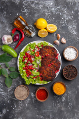 top view delicious meat cutlets with fresh salad on grey floor meal dish photo food