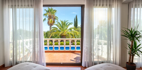 Luxurious view from the living room with sofa to the terrace with pool and garden with palm trees.