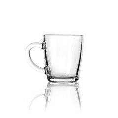 Glass transparent mug on a white background with reflection