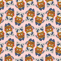 Seamless vector colorful lined pattern illustration of racoons in red sweaters on pink background