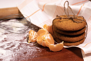 Cookies. Products and cookie cutters are on the table, flour is scattered. Homemade baking. The photo