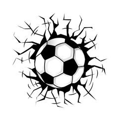 Vector soccer ball breaking glass into pieces. Vector.