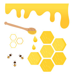 Honey elements with hive, honeycomb, bee cartoon and wooden dipper icon isolated on white background vector illustration.