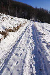 Fototapeta na wymiar Mountain path covered with snow in winter sunny day