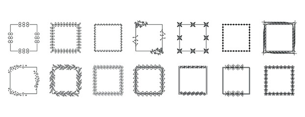 Set Black Simple Line Collection Doodle Square Floral Frame Leaves Elements Vector Design Style Sketch Isolated Illustration For Banner