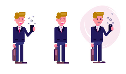 Office man looks into a smartphone. Social network. Communication on social networks. Flat vector illustration