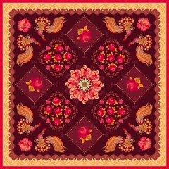 Bandana print with paisley, mandala, roses, fabulous birds and decorative border on brown background.  Napkin, doily, cushion.