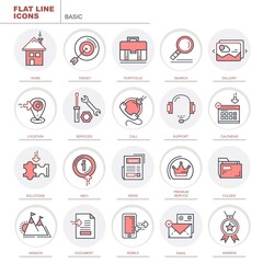 Base. Set of vector, linear, colored flat icons. Set of icons for the site. The set includes icons such as portfolio, calendar, gallery, home, news, search and more.