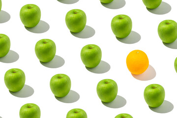 Creative concept trendy sunlight summer pattern of the green apple. Minimal summer concept on white background.