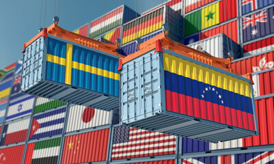 Freight containers with Venezuela and Sweden national flags. 3D Rendering 
