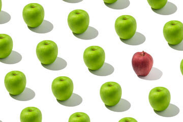 Creative concept trendy sunlight summer pattern of the green apple. Minimal summer concept on white background.