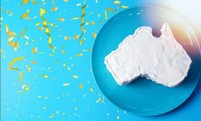 Happy Australia Day message greeting card - vanilla cream cake in a shape of the Australia
