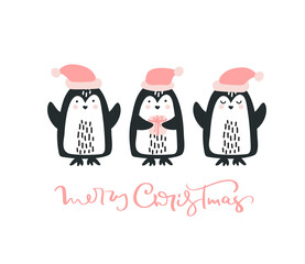 Christmas Greeting Card with pinguins and text Merry Christmas. Enjoy winter time. Template for Greeting Scrapbooking, Congratulations, Invitations