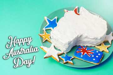 Happy Australia Day message greeting card - vanilla cream cake in a shape of the Australia
