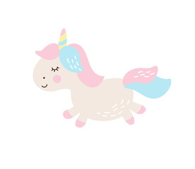 Magic unicorn childish illustration. Stay unique text with fairy pony. Vector scandinavian Illustration. Perfect for baby and kids design, t-shirt print, nursery decoration, poster, greeting card