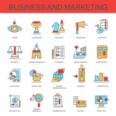 Business and Marketing. Set of icons for the site. Set of vector, color, flat icons. The set includes icons such as business plan, strategy and others.