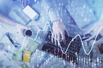 Double exposure of man and woman working together and forex graph hologram drawing. Financial...