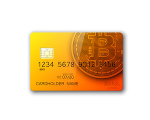 Credit card HUD Golden bitcoin. Digital currency money. Technology credit card bitcoin mining worldwide. Web banner golden bitcoin plastic card. Physical bit coin. Cryptocurrency electronic coin money