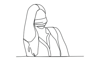 Single continuous line drawing young woman wearing medical mask. Cute female in mask dynamic one line draw graphic design vector illustration