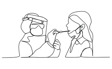 Medical staff taking sample from a girl for corona virus infection test. Continuous one line drawing